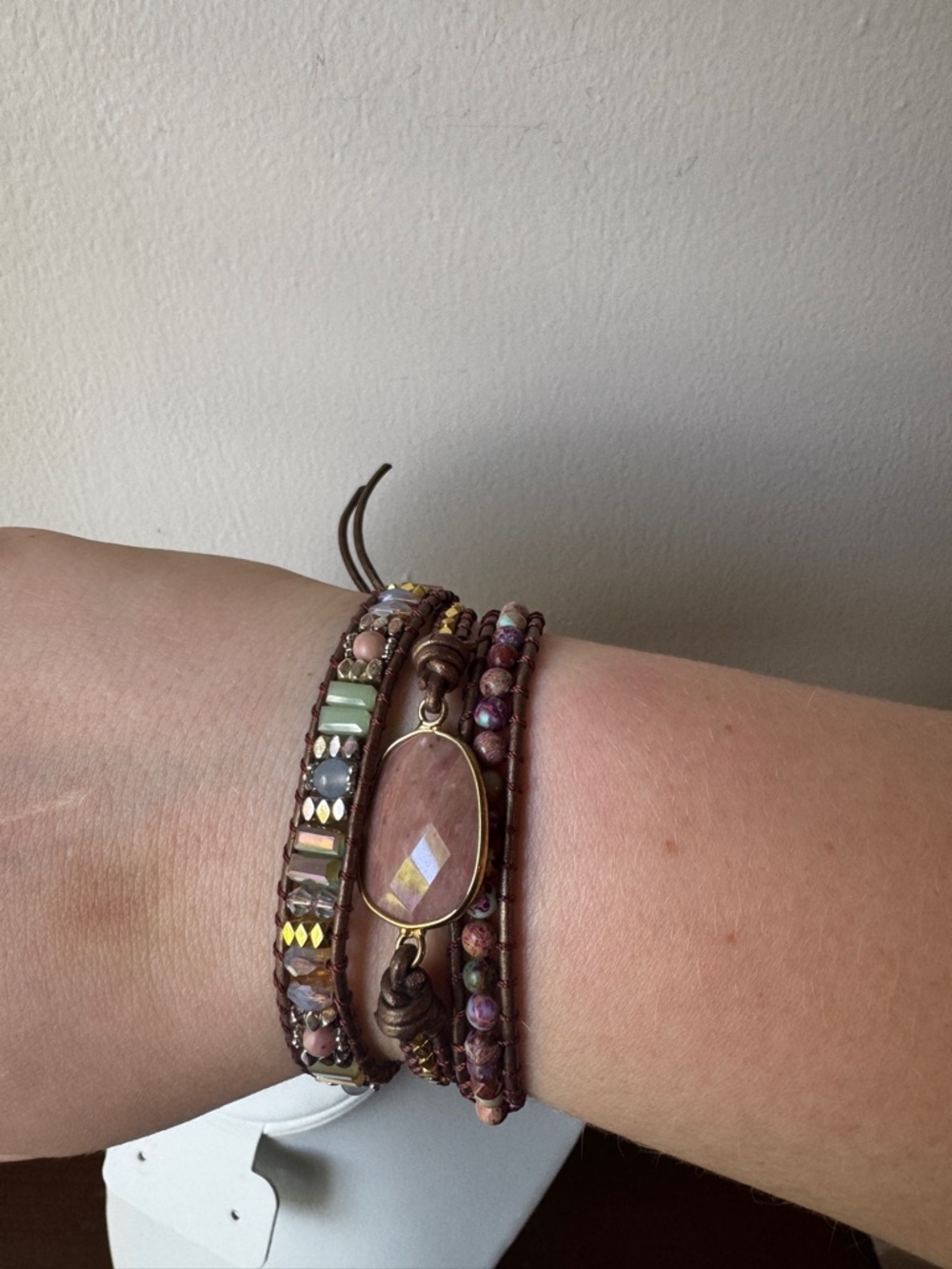 Layered Pink Beaded Wrap Bracelet with Faceted Stone